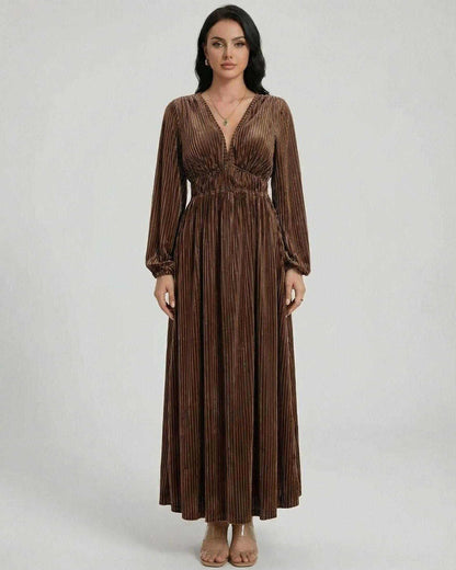Naha Maxi Dress by RAMBLION, brown ankle-length velvet dress, V neck, elegant vintage style, perfect for special occasions.