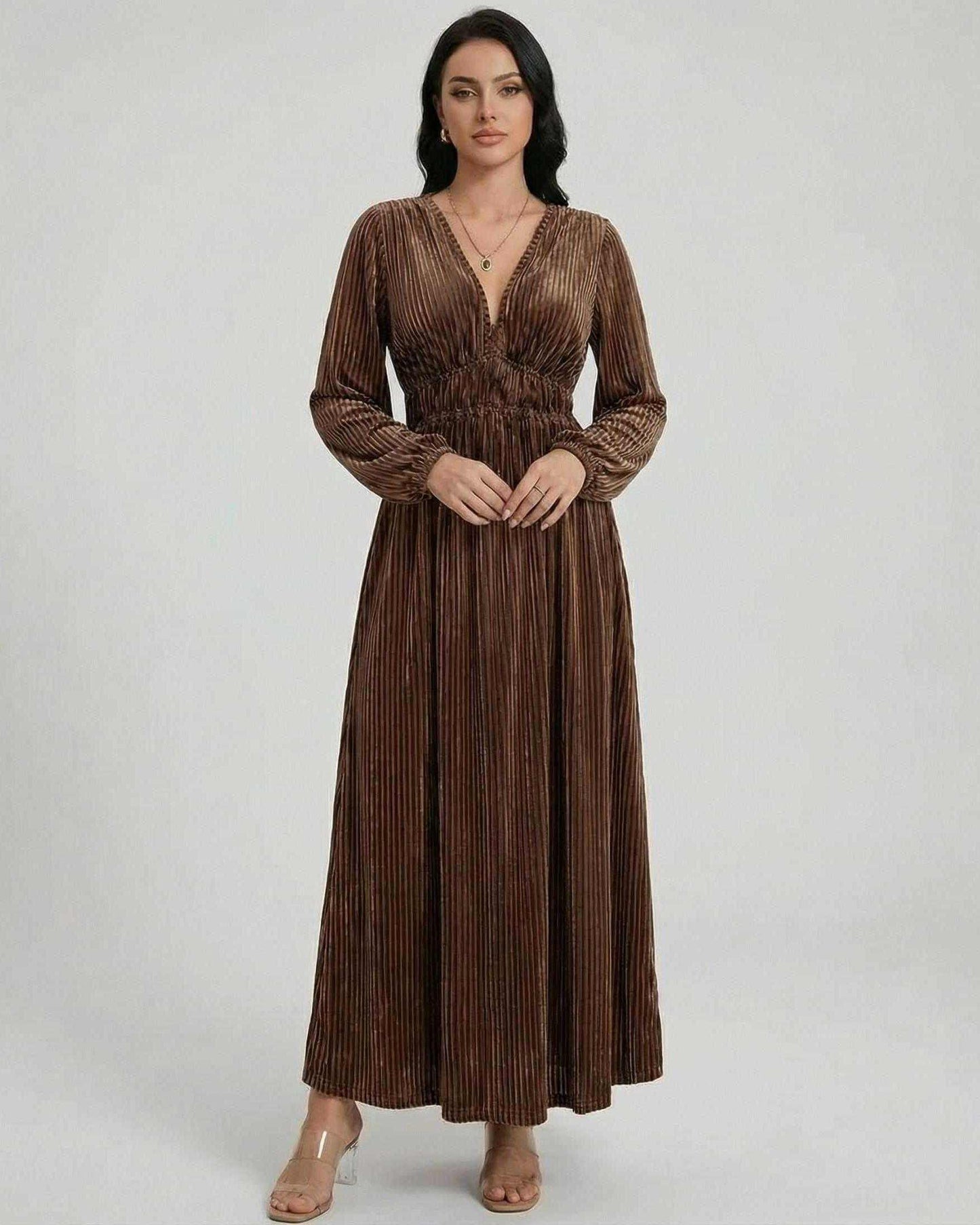 Naha Maxi Dress in brown, ankle-length pleated velvet, V neck, elegant, suitable for various occasions by RAMBLION.