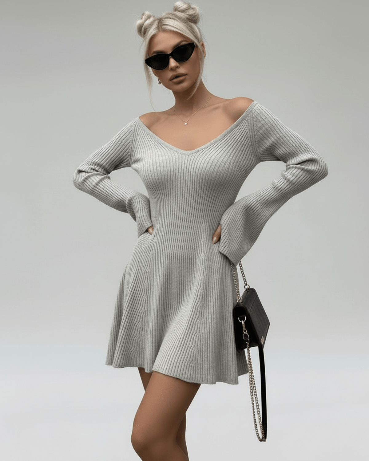 Naib Mini Dress in silver hue, V-neck, chic A-line fit, perfect for casual occasions by RAMBLION.