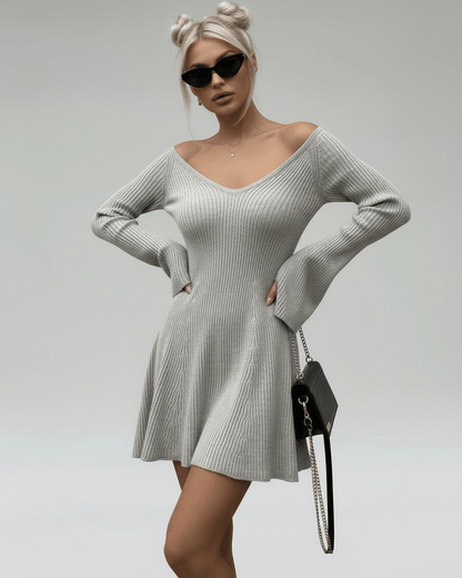 Naib Mini Dress in silver hue, V-neck, chic A-line fit, perfect for casual occasions by RAMBLION.