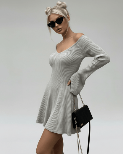 Naib Mini Dress in silver hue, V-neck, A-line, chic comfort and sophistication by RAMBLION, perfect for any occasion.