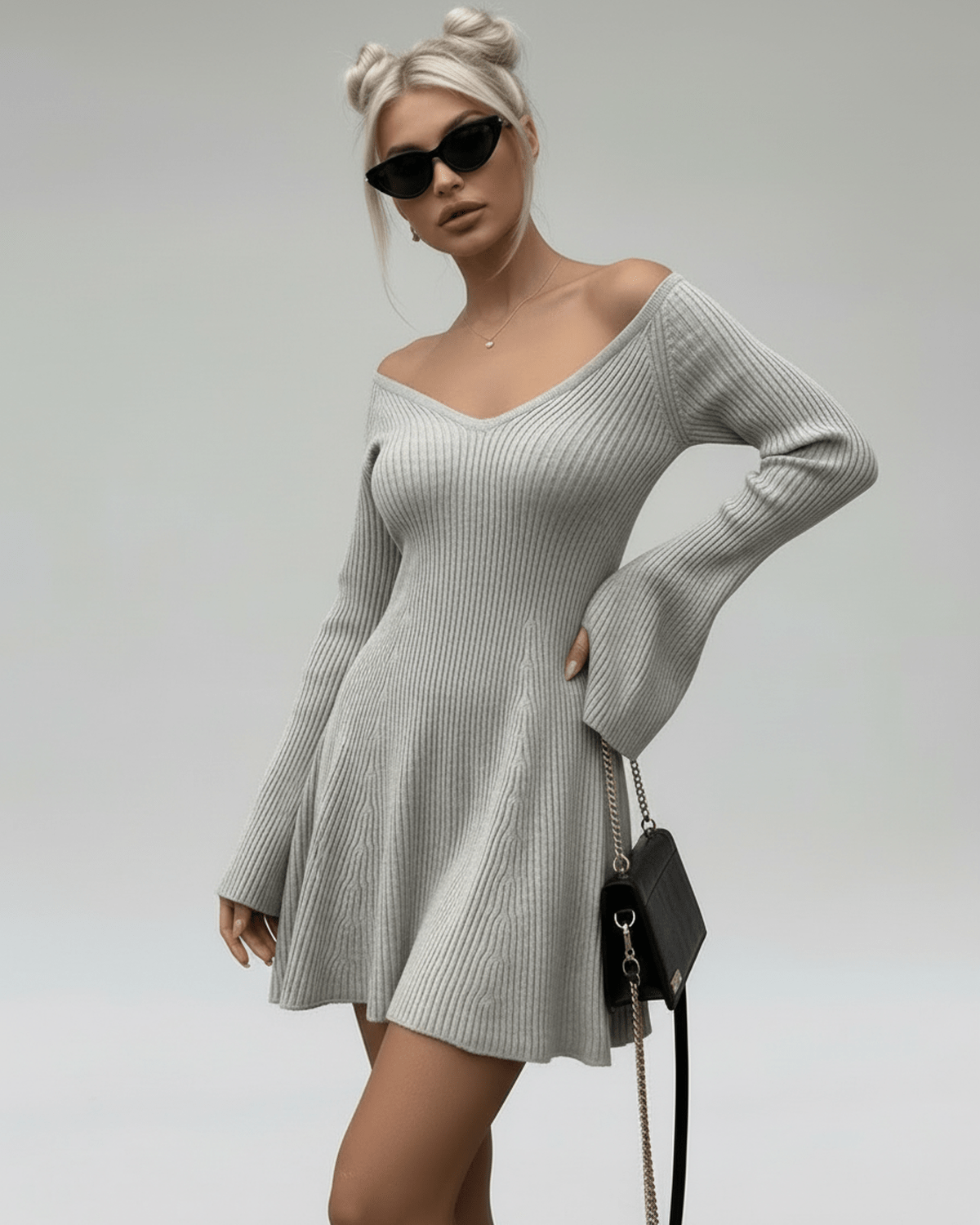 Naib Mini Dress in silver, 100% cotton, V-neck, A-line, chic and comfortable, perfect for casual occasions, RAMBLION.