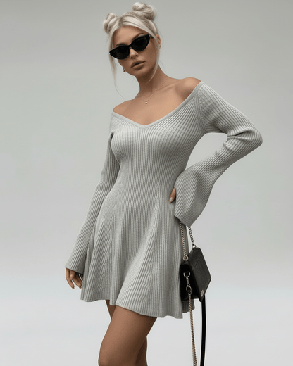 Naib Mini Dress in silver, 100% cotton, V-neck, A-line, chic and comfortable, perfect for casual occasions, RAMBLION.