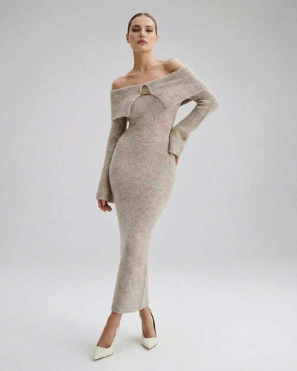 Naie Midi Dress in beige, off shoulder knit fabric, elegant silhouette, by RAMBLION, perfect for versatile occasions.