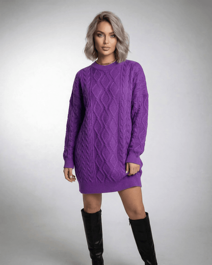 Naif Mini Dress in purple cable knit; stylish, cozy, perfect for any occasion. By RAMBLION.