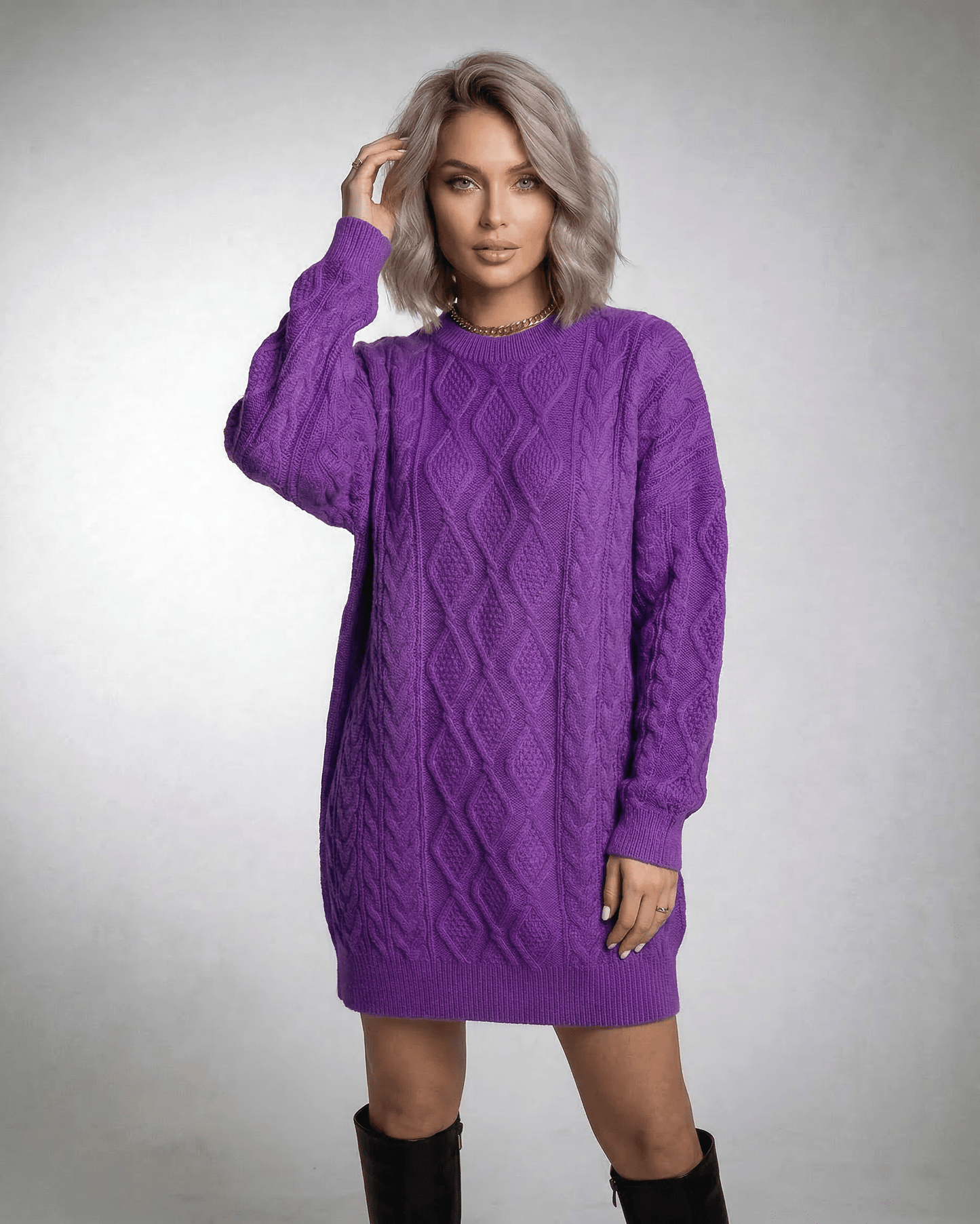Naif Mini Dress in vibrant purple cable knit, relaxed fit for comfort, perfect for any occasion by RAMBLION.