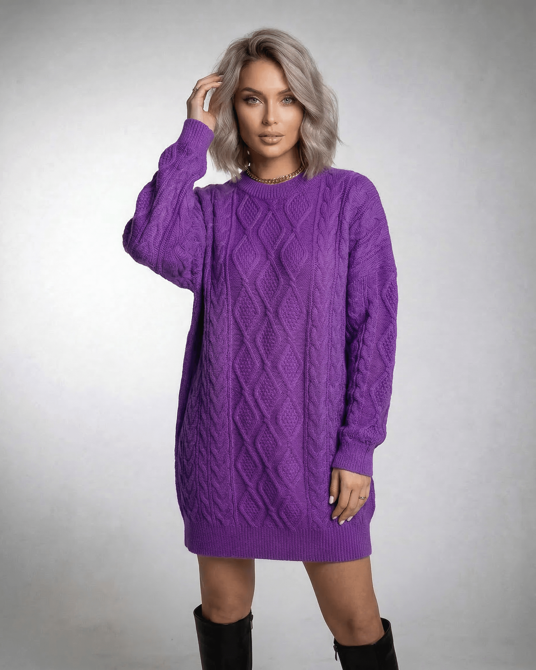 Naif Mini Dress in vibrant purple cable knit, relaxed fit for comfort, perfect for any occasion by RAMBLION.