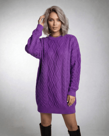 Naif Mini Dress in vibrant purple cable knit, relaxed fit for comfort, perfect for any occasion by RAMBLION.