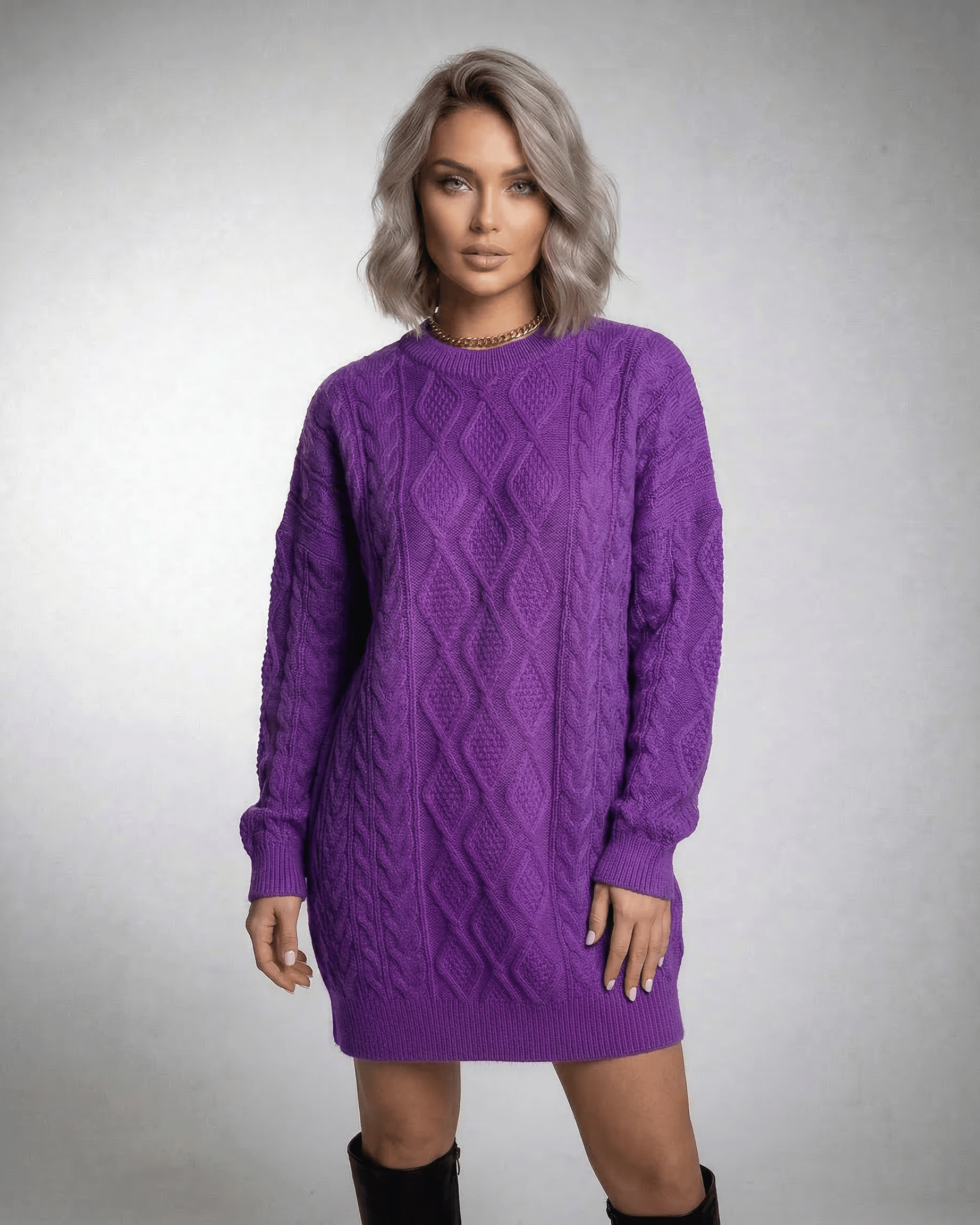 Naif Mini Dress in vibrant purple, soft cable knit, comfortable relaxed fit for stylish casual occasions by RAMBLION.