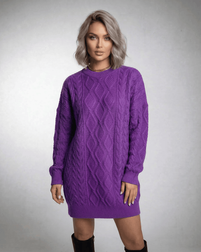 Naif Mini Dress in vibrant purple, soft cable knit, comfortable relaxed fit for stylish casual occasions by RAMBLION.
