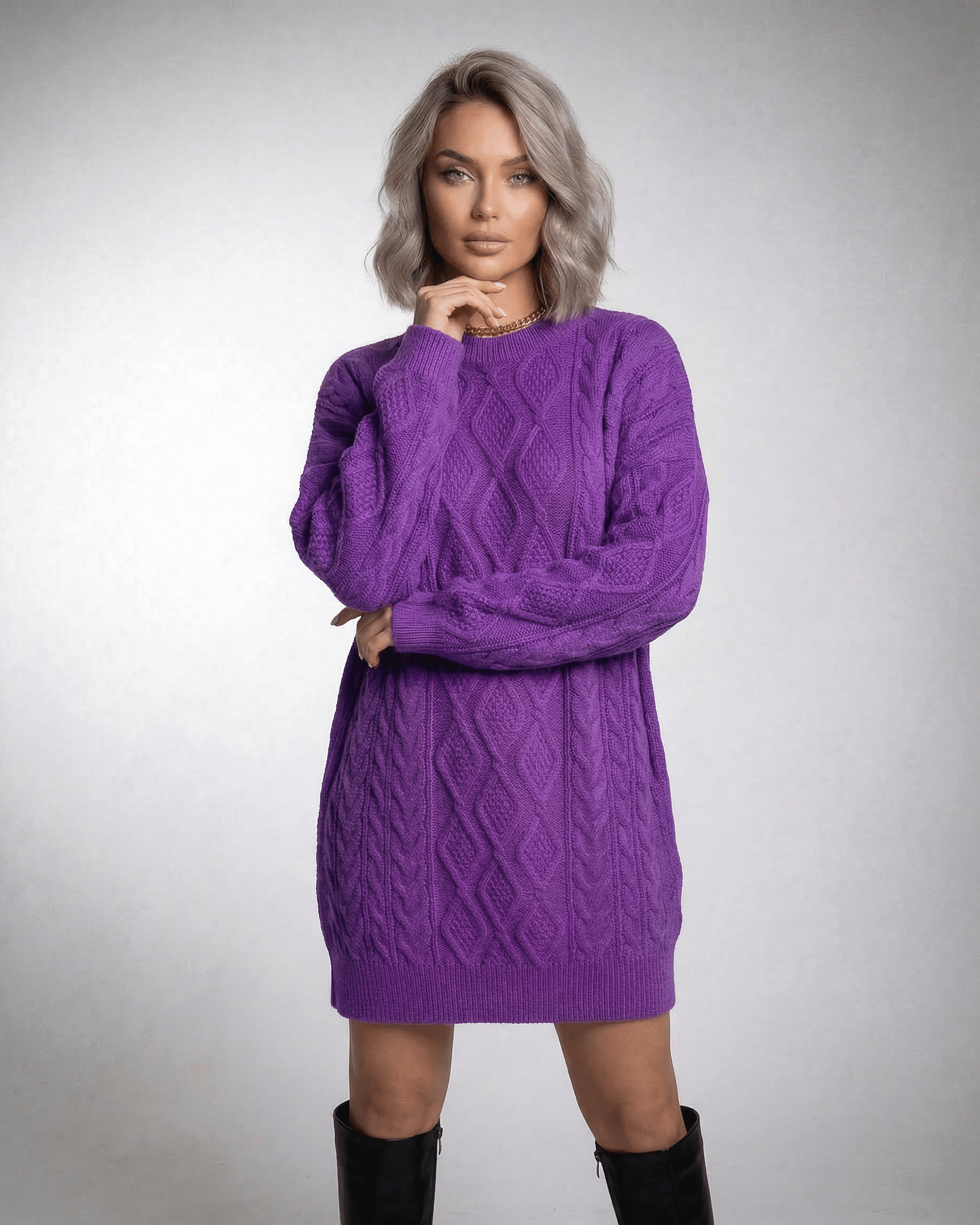 Naif Mini Dress in vibrant purple, soft cable knit, relaxed fit, stylish for any occasion, by RAMBLION.