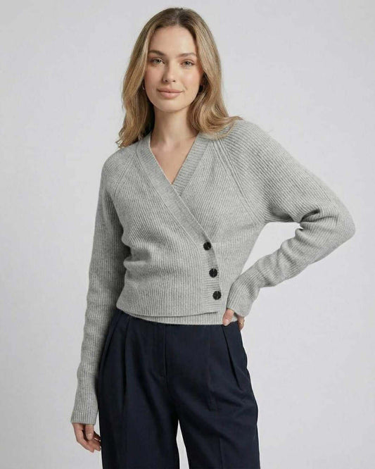 Naif Sweater in grey, V-neck wrap front, ribbed knit, stylish and comfortable for casual occasions by RAMBLION.