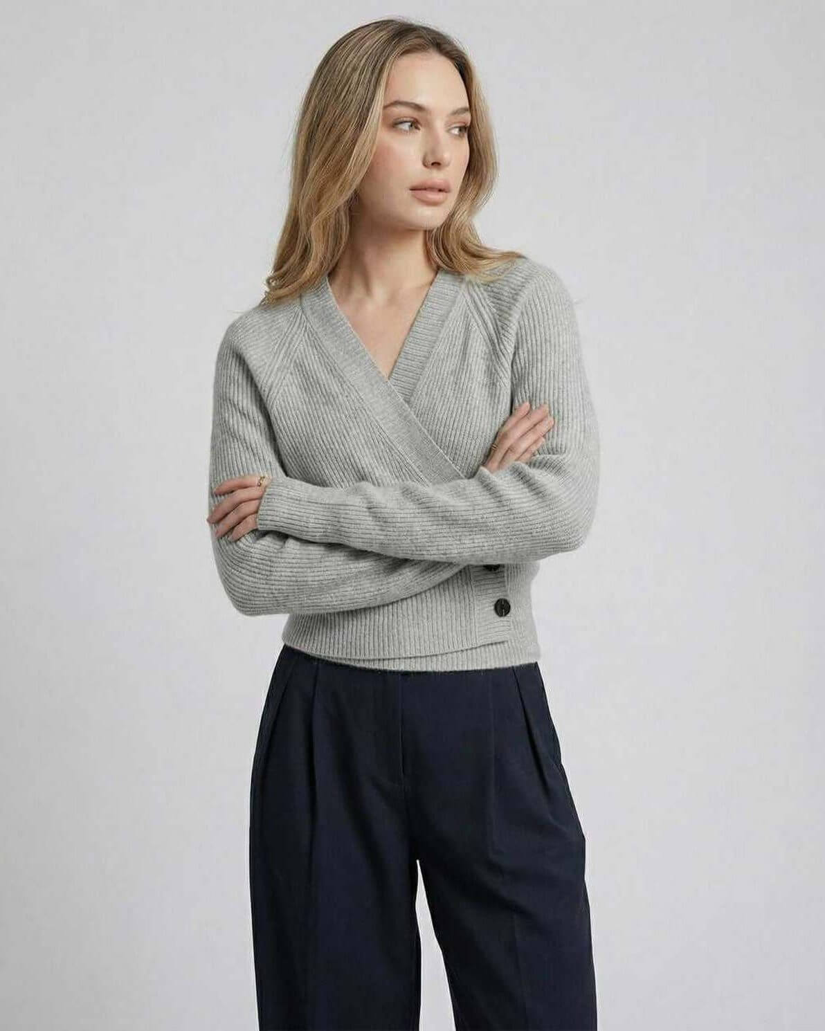 Naif Sweater in grey, V-neck design, ribbed texture, perfect for stylish comfort by RAMBLION.