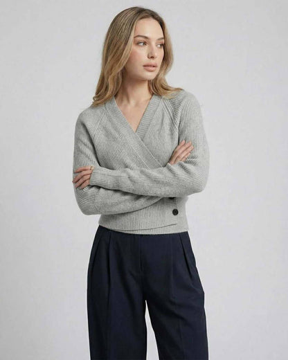 Naif Sweater in grey, V-neck design, ribbed texture, perfect for stylish comfort by RAMBLION.