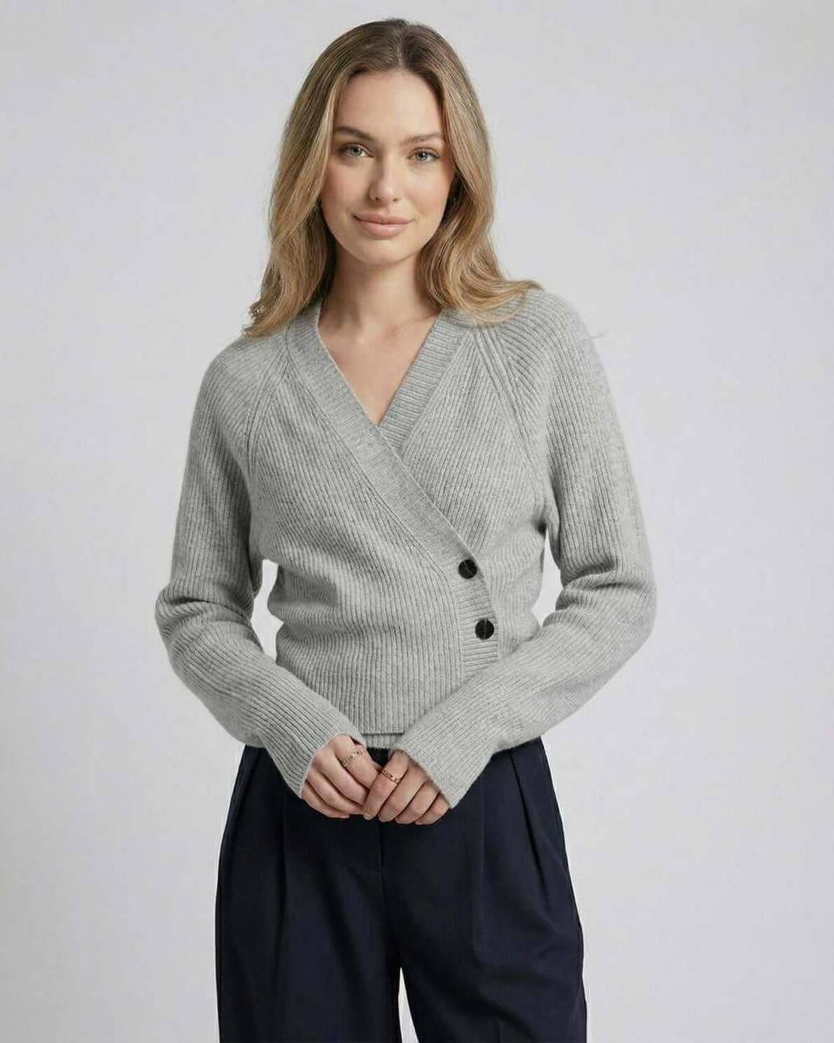 Naif Sweater in grey, V-neck, ribbed texture, perfect for stylish comfort, by RAMBLION.