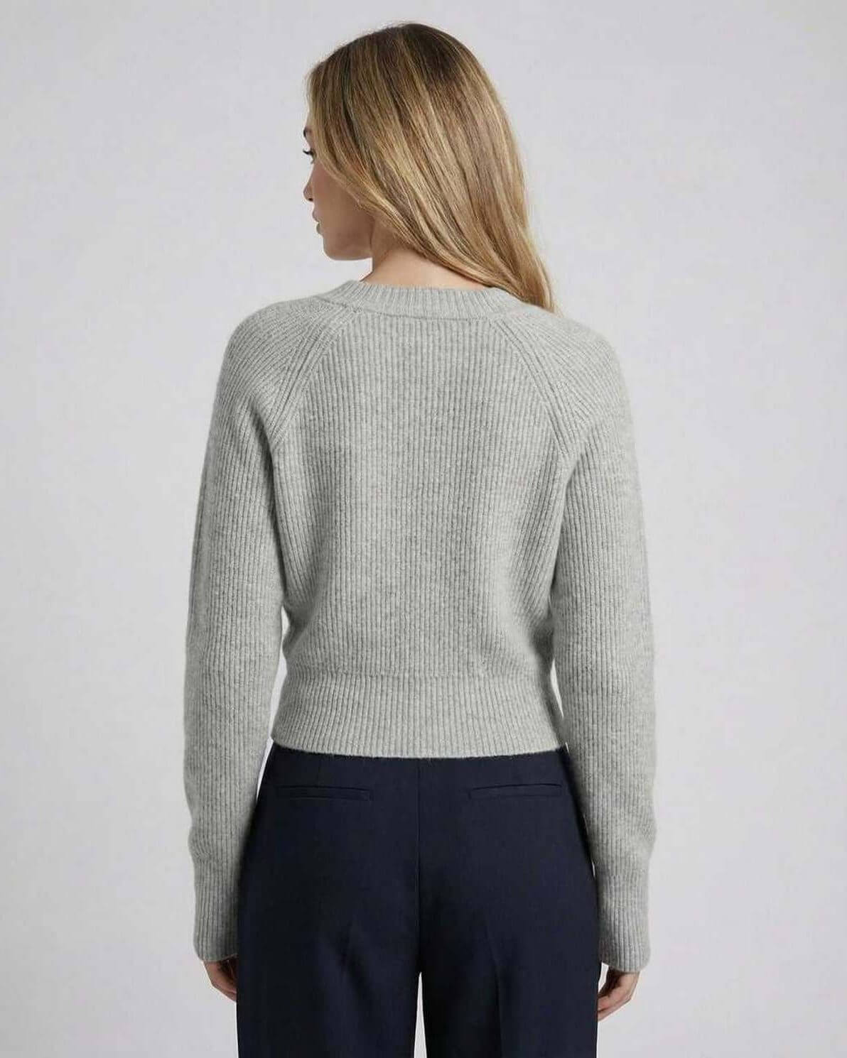 Back view of Naif Sweater in grey. Long sleeve, ribbed knit, perfect for elegant style. RAMBLION brand.