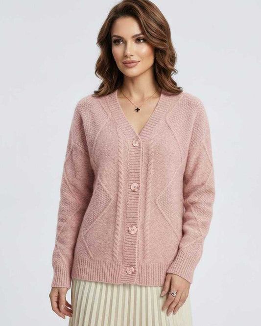 Naih Cardigan by RAMBLION in soft pink, knit fabric, V neck, chic design perfect for layering and adding elegance.