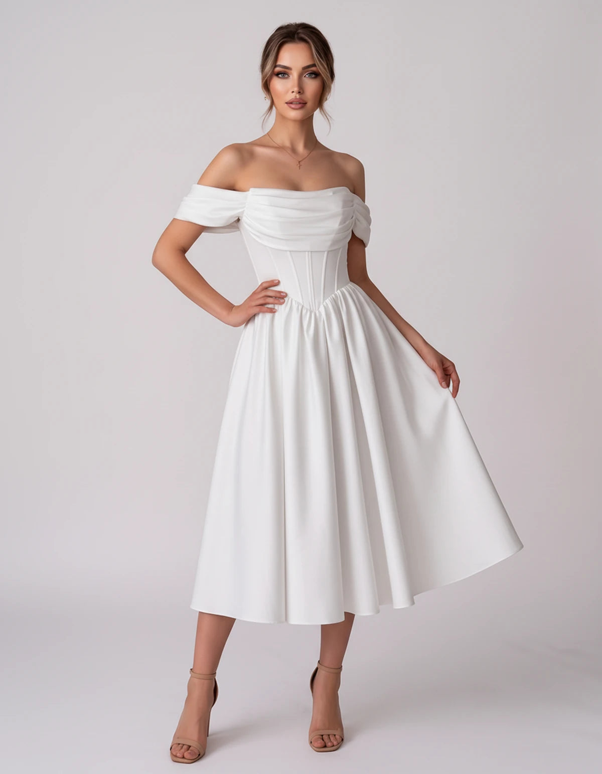 Navarre Midi Dresses — White | SKU: RB-582a73-white-2,RB-582a73-white-4,RB-582a73-white-6,RB-582a73-white-8,RB-582a73-white-10,RB-582a73-white-12,RB-582a73-white-14,RB-582a73-white-16,RB-582a73-white-16W,RB-582a73-white-18W,RB-582a73-white-20W,RB-582a73-white-22W
