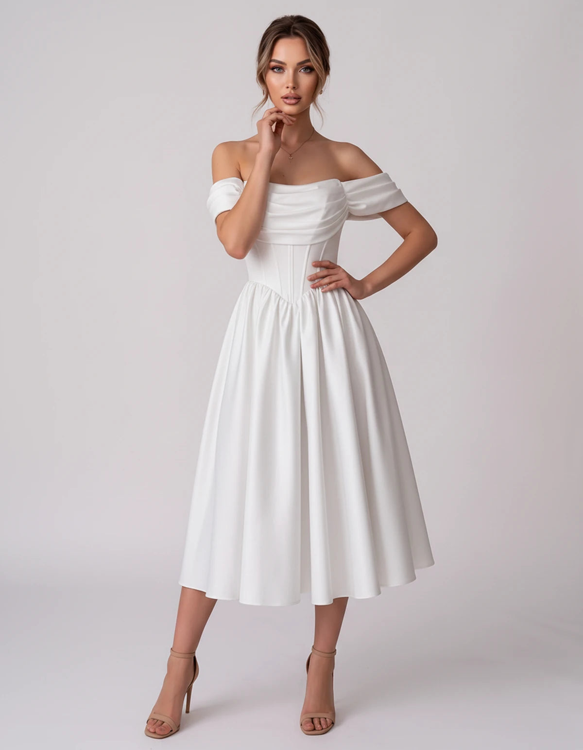Navarre Midi Dresses — White | SKU: RB-582a73-white-2,RB-582a73-white-4,RB-582a73-white-6,RB-582a73-white-8,RB-582a73-white-10,RB-582a73-white-12,RB-582a73-white-14,RB-582a73-white-16,RB-582a73-white-16W,RB-582a73-white-18W,RB-582a73-white-20W,RB-582a73-white-22W