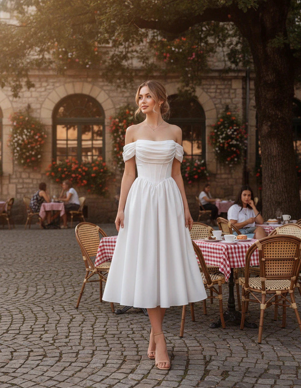 Navarre Midi Dresses — White | SKU: RB-582a73-white-2,RB-582a73-white-4,RB-582a73-white-6,RB-582a73-white-8,RB-582a73-white-10,RB-582a73-white-12,RB-582a73-white-14,RB-582a73-white-16,RB-582a73-white-16W,RB-582a73-white-18W,RB-582a73-white-20W,RB-582a73-white-22W