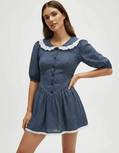 Navy A-line Round Neck Short Sleeve Mini Dress | Gala Nights & Guest of Wedding, front view | Ramblion | SKU: MMD-452918376-navy-L-364,MMD-452918376-navy-M-122,MMD-452918376-navy-S-108,MMD-452918376-navy-XL-812,MMD-452918376-navy-XS-466