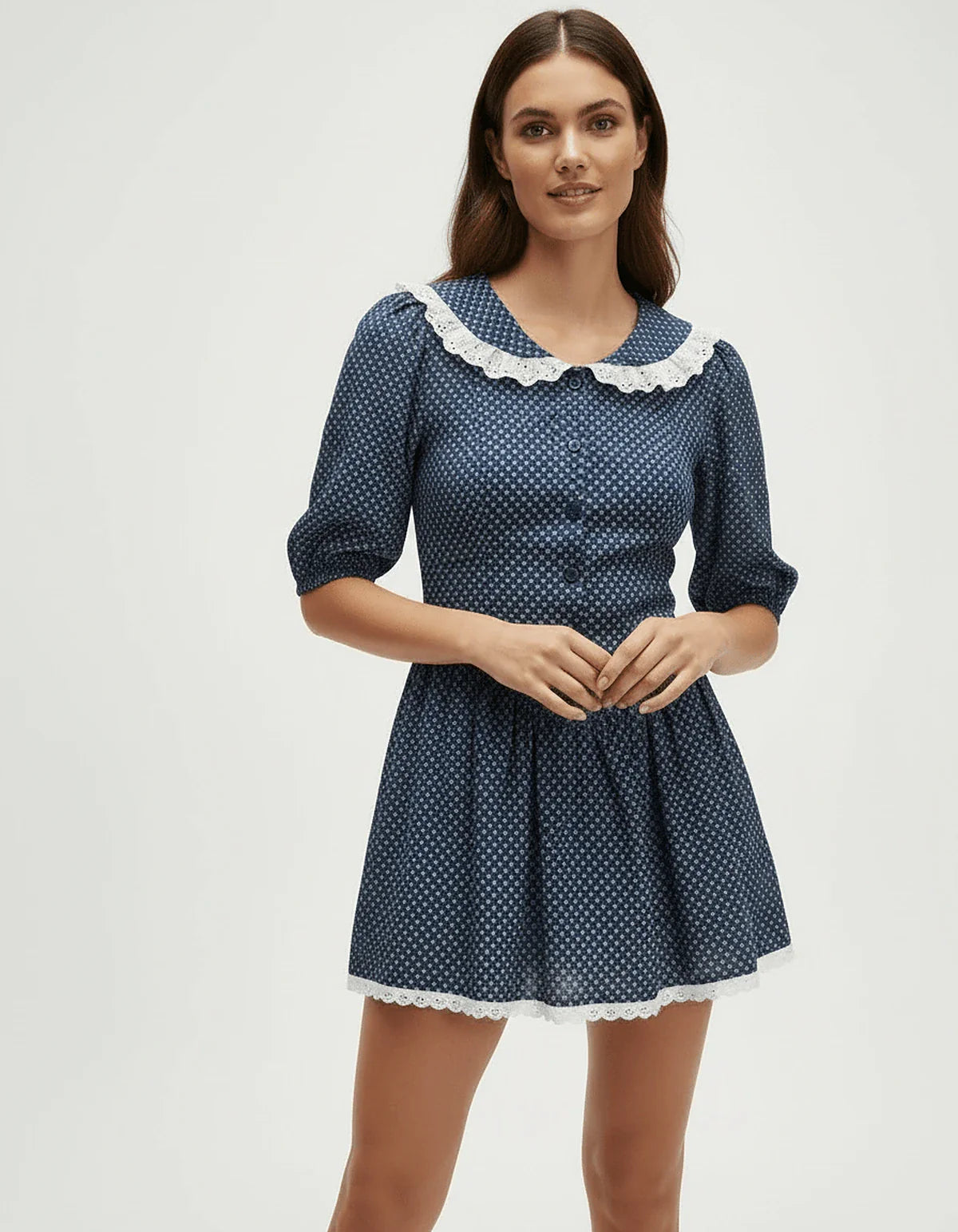 Navy A-line Round Neck Short Sleeve Mini Dress | Gala Nights & Guest of Wedding, front view | Ramblion | SKU: MMD-452918376-navy-L-364,MMD-452918376-navy-M-122,MMD-452918376-navy-S-108,MMD-452918376-navy-XL-812,MMD-452918376-navy-XS-466