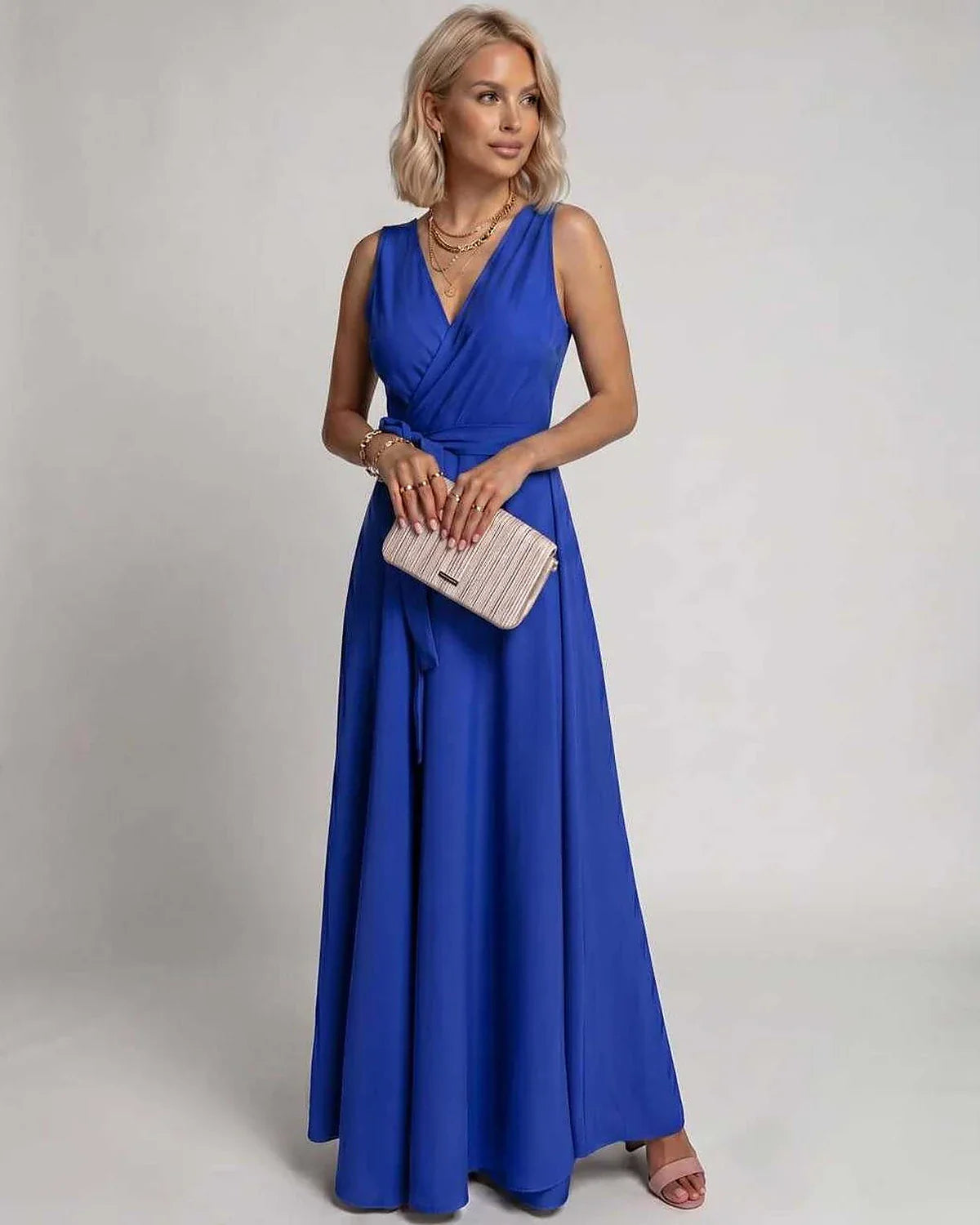 Navy,blue,red,green,burgundy,beige,pink,white Wrap Wrap Neck Sleeveless Maxi Dress | Gala Nights & Cocktail Hour, front view 