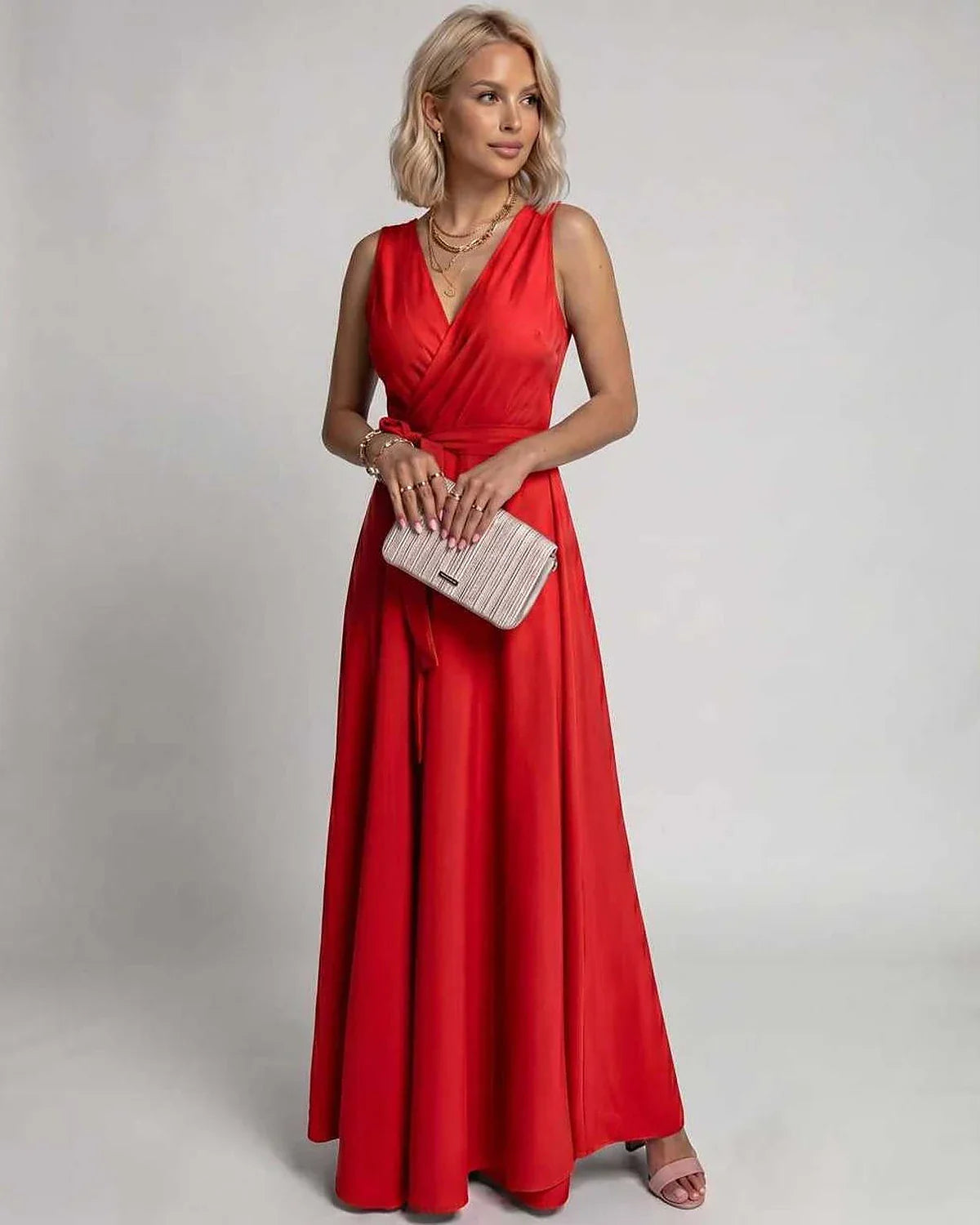 Navy,blue,red,green,burgundy,beige,pink,white Wrap Wrap Neck Sleeveless Maxi Dress | Gala Nights & Cocktail Hour, front view 