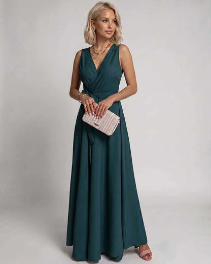 Navy,blue,red,green,burgundy,beige,pink,white Wrap Wrap Neck Sleeveless Maxi Dress | Gala Nights & Cocktail Hour, front view 