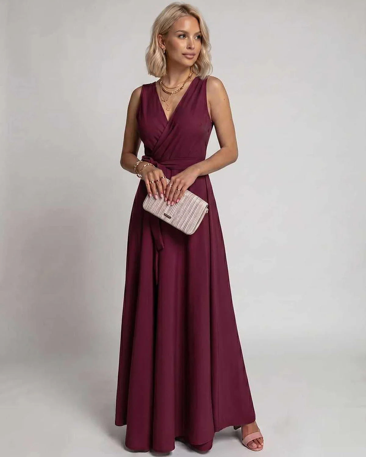 Navy,blue,red,green,burgundy,beige,pink,white Wrap Wrap Neck Sleeveless Maxi Dress | Gala Nights & Cocktail Hour, front view 