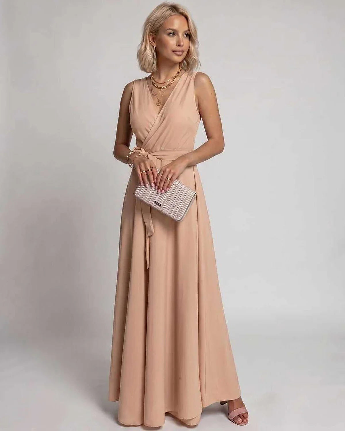 Navy,blue,red,green,burgundy,beige,pink,white Wrap Wrap Neck Sleeveless Maxi Dress | Gala Nights & Cocktail Hour, front view 