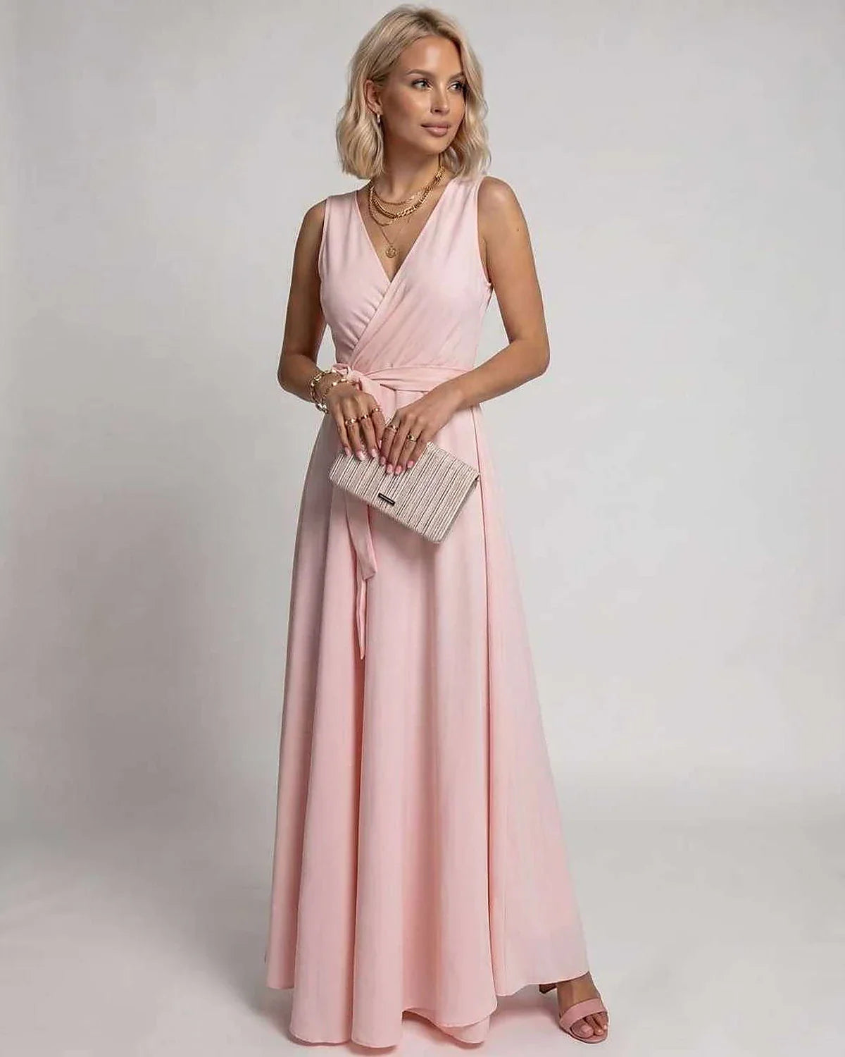 Navy,blue,red,green,burgundy,beige,pink,white Wrap Wrap Neck Sleeveless Maxi Dress | Gala Nights & Cocktail Hour, front view 
