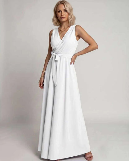 Navy,blue,red,green,burgundy,beige,pink,white Wrap Wrap Neck Sleeveless Maxi Dress | Gala Nights & Cocktail Hour, front view | SKU: RB-DF34B6-WHITE-L,RB-DF34B6-WHITE-M,RB-DF34B6-WHITE-S,RB-DF34B6-WHITE-XL,RB-DF34B6-WHITE-XS
