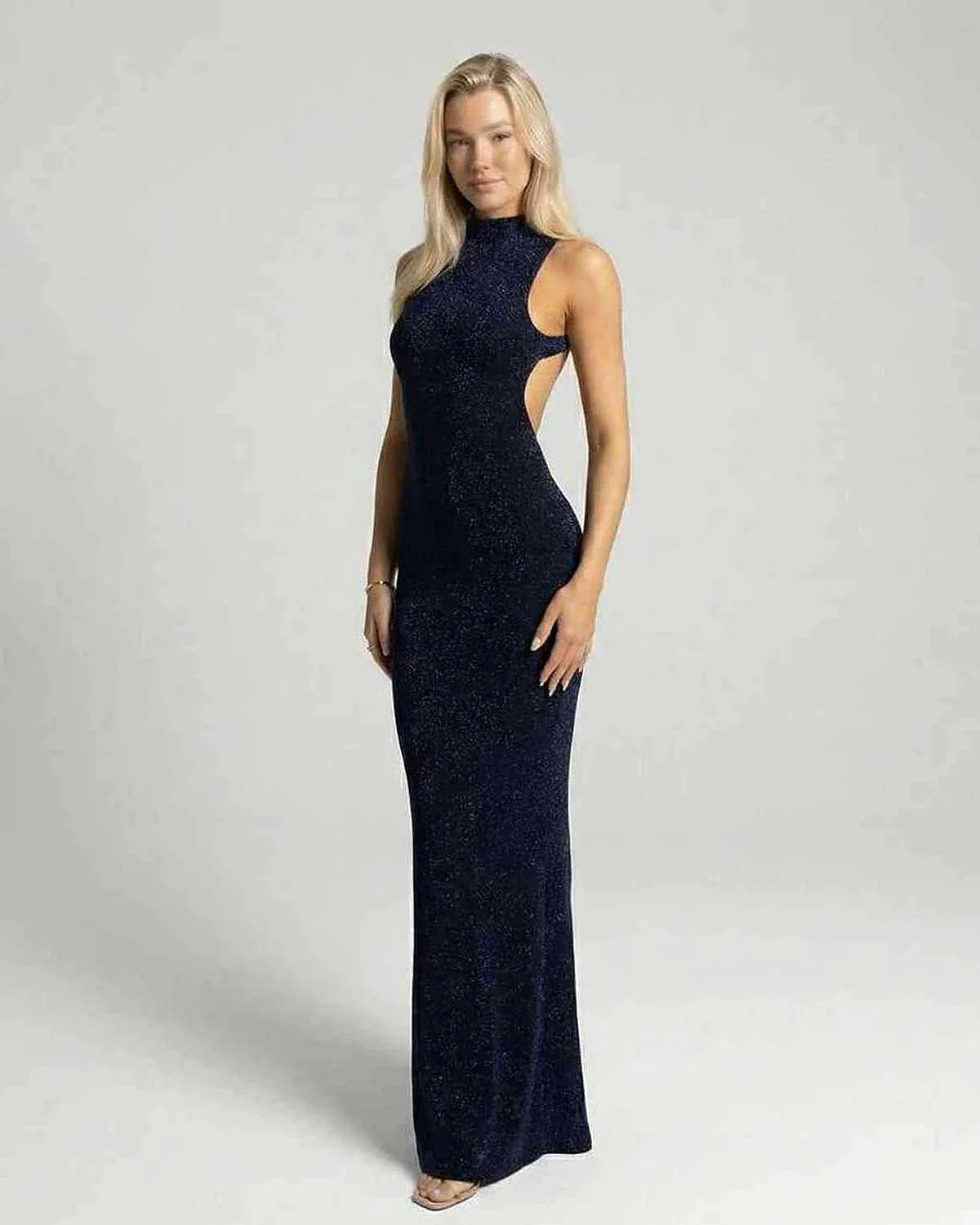 Navy Bodycon Round Neck Sleeveless Maxi Dress | Formal Occasions & Celebrations, side view | Ramblion | SKU: CMD-83627-navy-L-9808,CMD-83627-navy-M-3554,CMD-83627-navy-S-7797,CMD-83627-navy-XL-2834,CMD-83627-navy-XS-1174