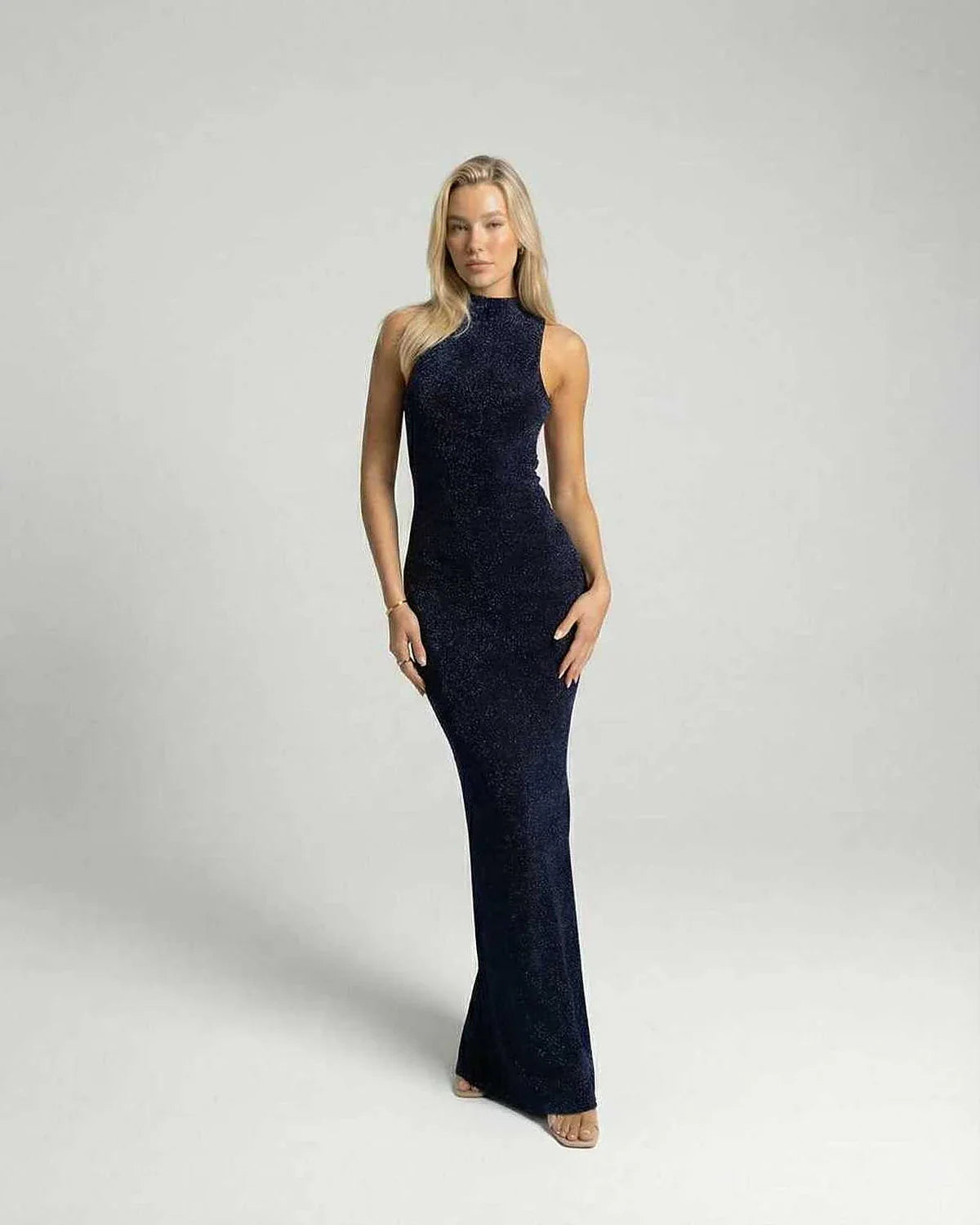 Navy Bodycon Round Neck Sleeveless Maxi Dress | Formal Occasions & Celebrations, front view | Ramblion | SKU: CMD-83627-navy-L-9808,CMD-83627-navy-M-3554,CMD-83627-navy-S-7797,CMD-83627-navy-XL-2834,CMD-83627-navy-XS-1174