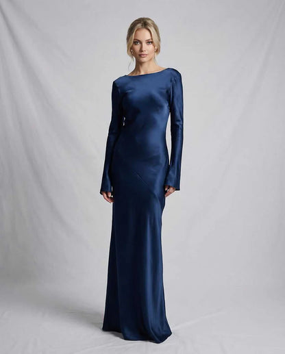 Navy Satin Gown Round Neck Long Sleeve Maxi Dress | Black-Tie Events & Party Nights, front view | Ramblion | SKU: CMD-573920184-navy-L-3756,CMD-573920184-navy-M-8647,CMD-573920184-navy-S-2529,CMD-573920184-navy-XL-8435,CMD-573920184-navy-XS-5083