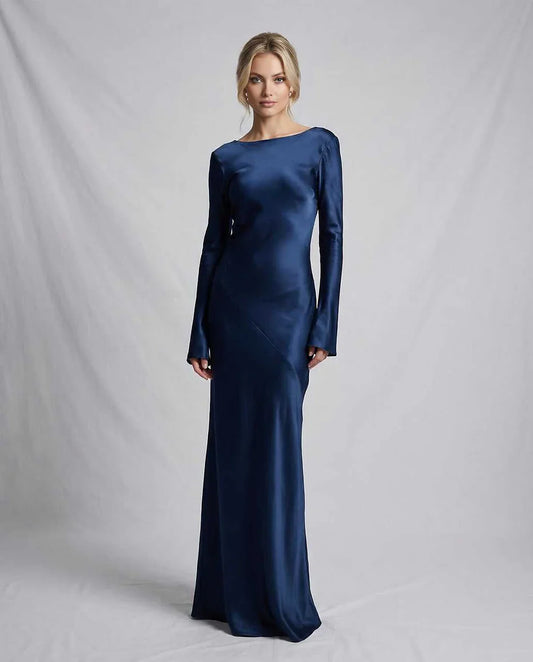 Navy Satin Gown Round Neck Long Sleeve Maxi Dress | Black-Tie Events & Party Nights, front view | Ramblion | SKU: CMD-573920184-navy-L-3756,CMD-573920184-navy-M-8647,CMD-573920184-navy-S-2529,CMD-573920184-navy-XL-8435,CMD-573920184-navy-XS-5083