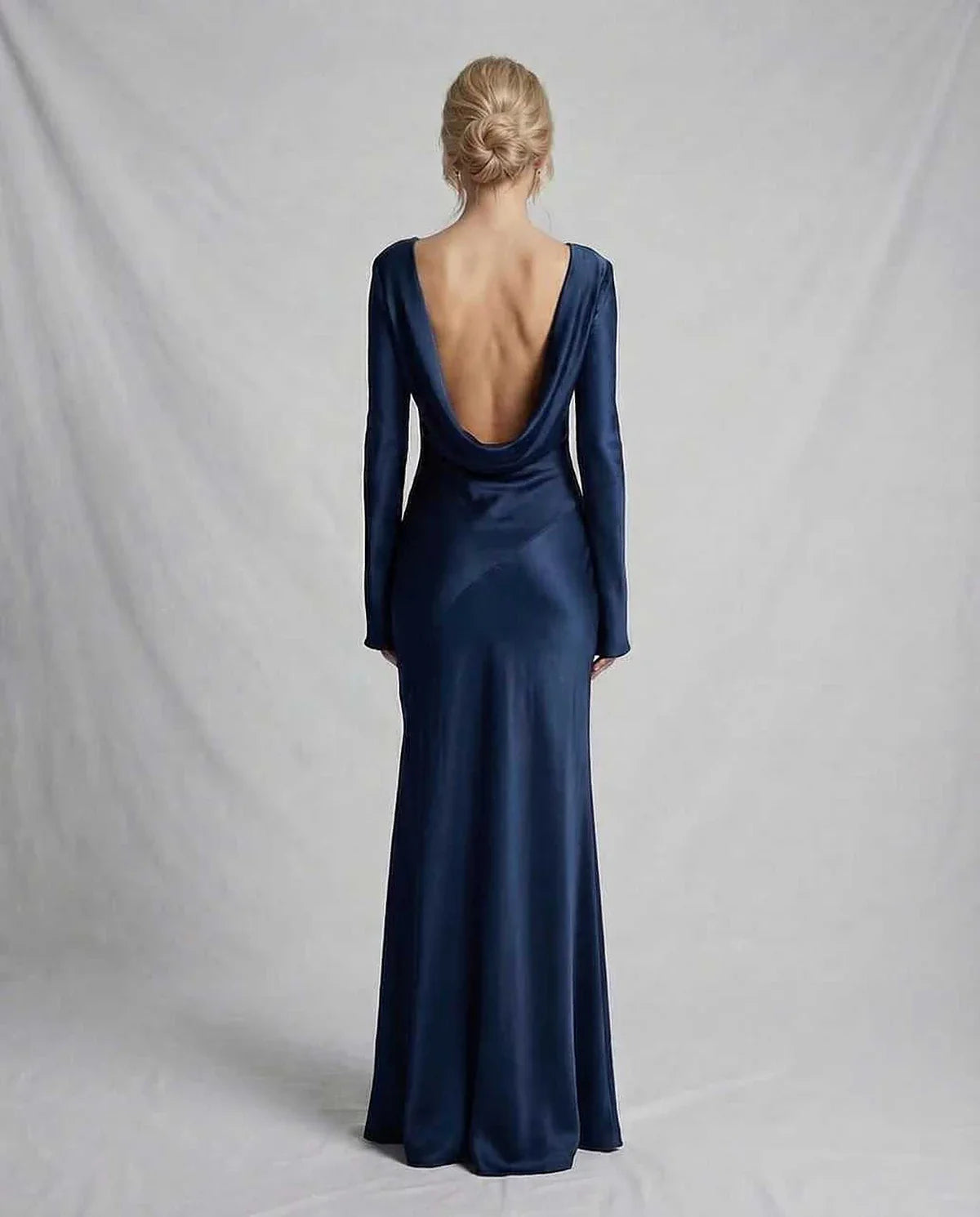 Navy Satin Gown Round Neck Long Sleeve Maxi Dress | Black-Tie Events & Party Nights, back view | Ramblion | SKU: CMD-573920184-navy-L-3756,CMD-573920184-navy-M-8647,CMD-573920184-navy-S-2529,CMD-573920184-navy-XL-8435,CMD-573920184-navy-XS-5083