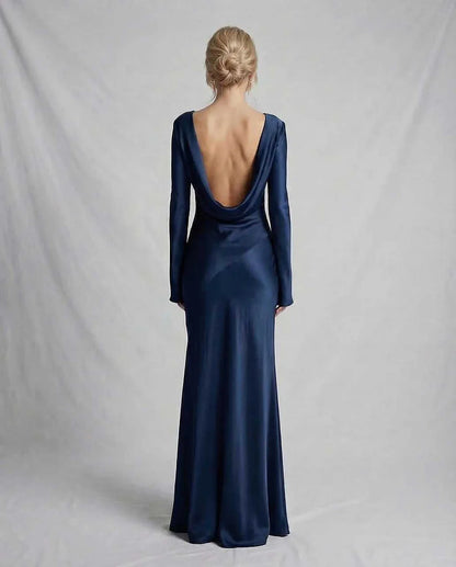 Navy Satin Gown Round Neck Long Sleeve Maxi Dress | Black-Tie Events & Party Nights, back view | Ramblion | SKU: CMD-573920184-navy-L-3756,CMD-573920184-navy-M-8647,CMD-573920184-navy-S-2529,CMD-573920184-navy-XL-8435,CMD-573920184-navy-XS-5083