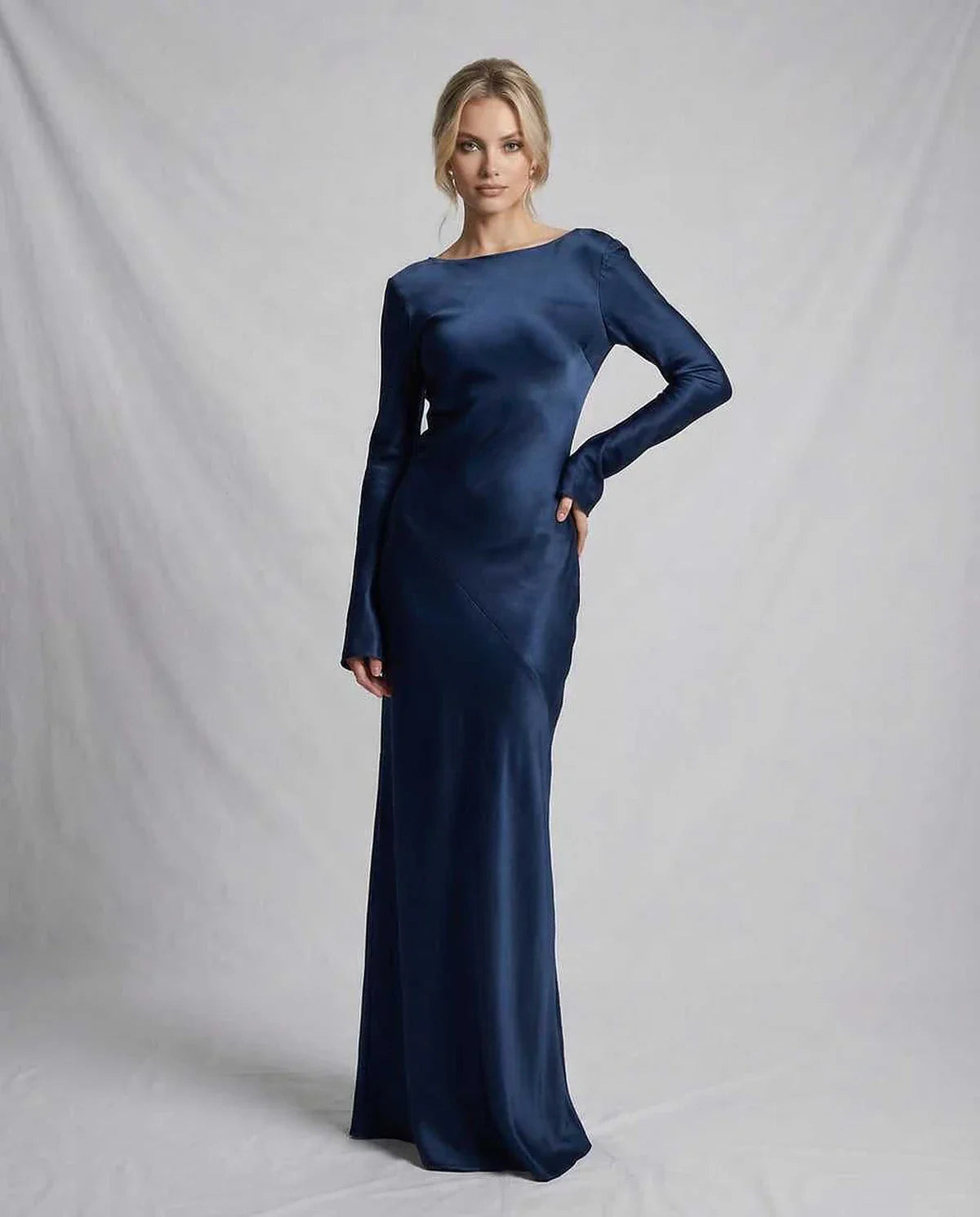 Navy Satin Gown Round Neck Long Sleeve Maxi Dress | Black-Tie Events & Party Nights, front view | Ramblion | SKU: CMD-573920184-navy-L-3756,CMD-573920184-navy-M-8647,CMD-573920184-navy-S-2529,CMD-573920184-navy-XL-8435,CMD-573920184-navy-XS-5083