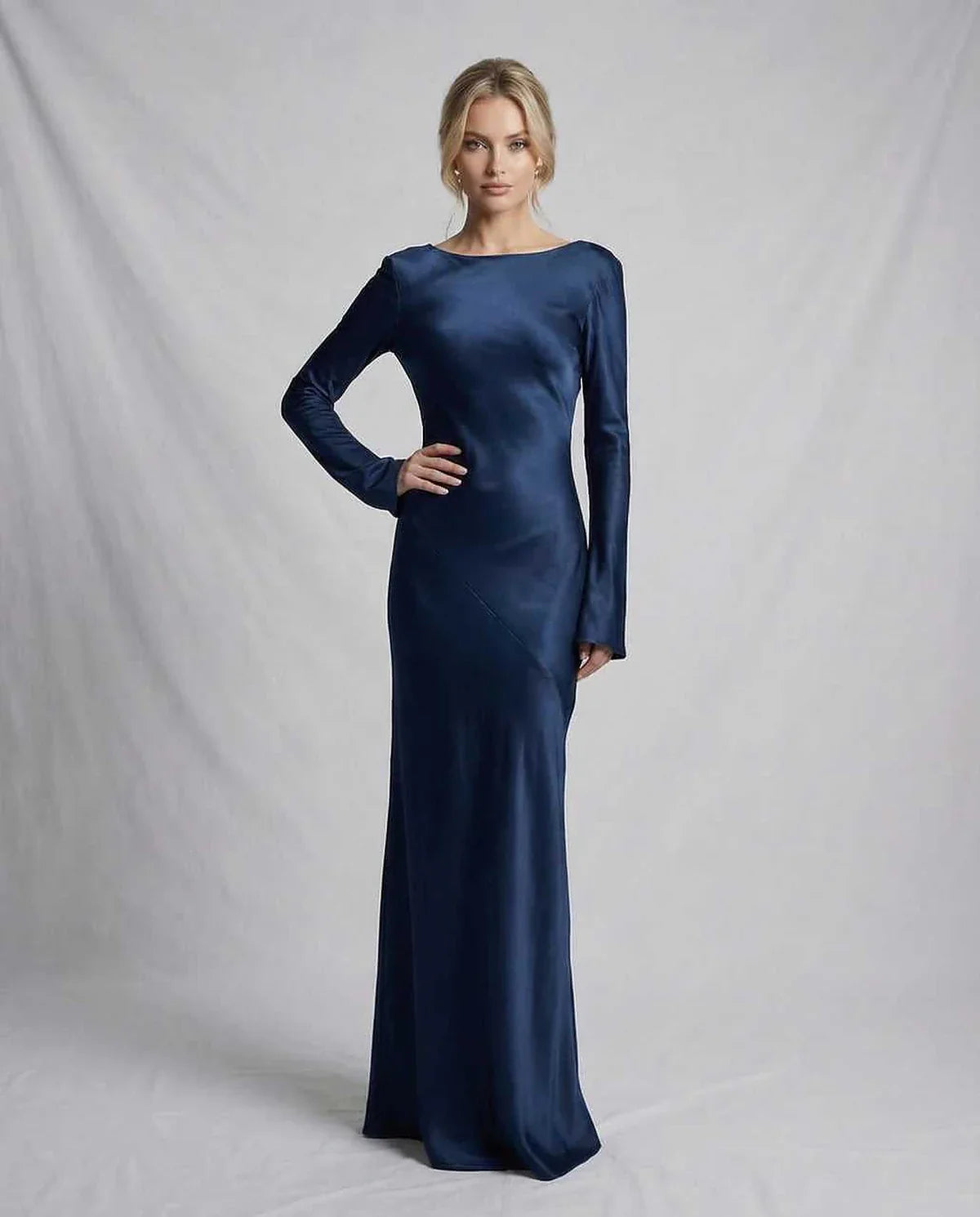 Navy Satin Gown Round Neck Long Sleeve Maxi Dress | Black-Tie Events & Party Nights, front view | Ramblion | SKU: CMD-573920184-navy-L-3756,CMD-573920184-navy-M-8647,CMD-573920184-navy-S-2529,CMD-573920184-navy-XL-8435,CMD-573920184-navy-XS-5083