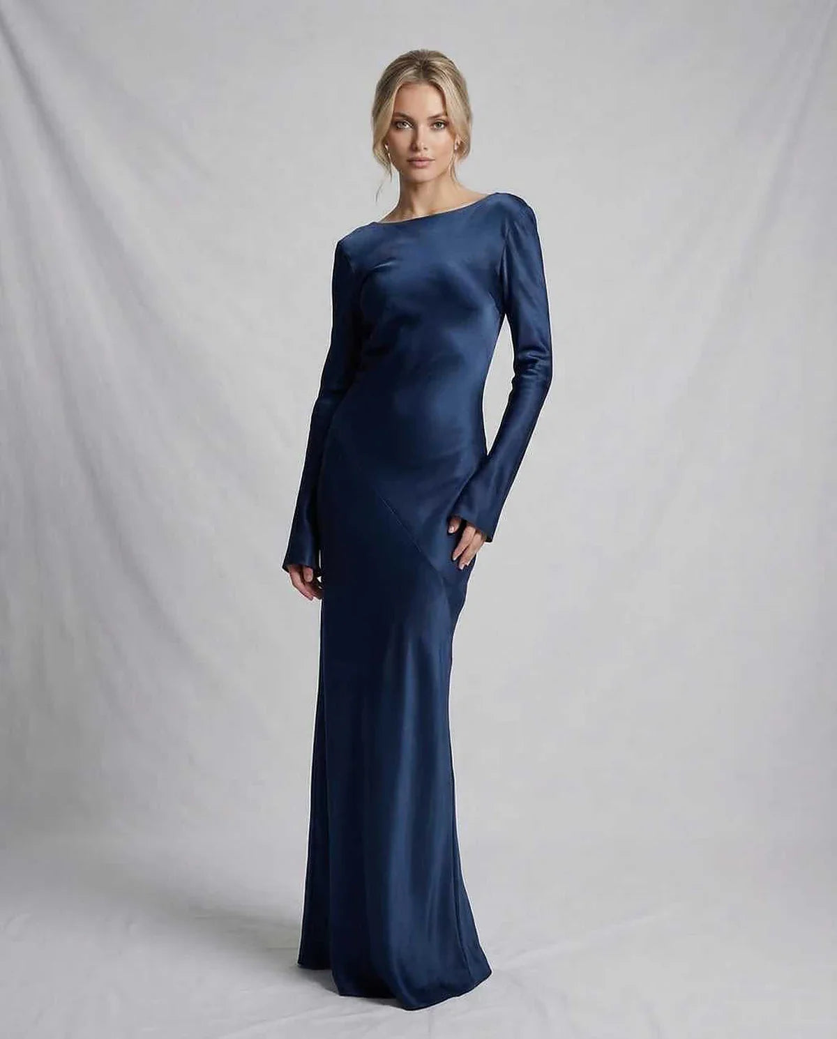 Navy Satin Gown Round Neck Long Sleeve Maxi Dress | Black-Tie Events & Party Nights, front view | Ramblion | SKU: CMD-573920184-navy-L-3756,CMD-573920184-navy-M-8647,CMD-573920184-navy-S-2529,CMD-573920184-navy-XL-8435,CMD-573920184-navy-XS-5083