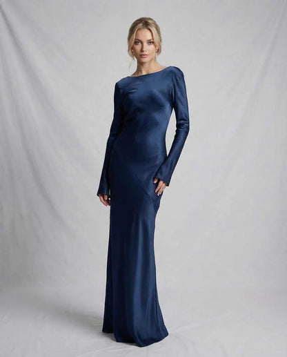 Navy Satin Gown Round Neck Long Sleeve Maxi Dress | Black-Tie Events & Party Nights, front view | Ramblion | SKU: CMD-573920184-navy-L-3756,CMD-573920184-navy-M-8647,CMD-573920184-navy-S-2529,CMD-573920184-navy-XL-8435,CMD-573920184-navy-XS-5083
