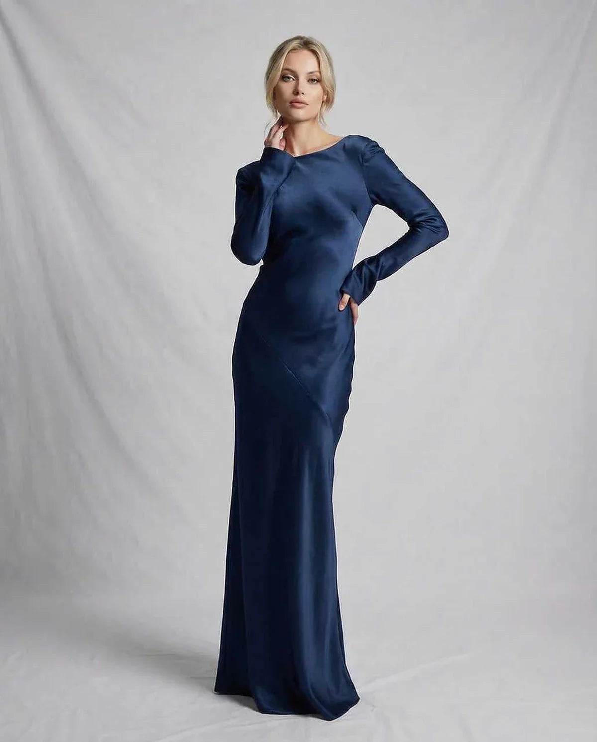 Navy Satin Gown Round Neck Long Sleeve Maxi Dress | Black-Tie Events & Party Nights, front view | Ramblion | SKU: CMD-573920184-navy-L-3756,CMD-573920184-navy-M-8647,CMD-573920184-navy-S-2529,CMD-573920184-navy-XL-8435,CMD-573920184-navy-XS-5083