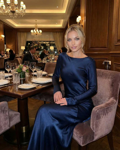 Navy Satin Gown Round Neck Long Sleeve Maxi Dress | Black-Tie Events & Party Nights, lifestyle shot | Ramblion | SKU: CMD-573920184-navy-L-3756,CMD-573920184-navy-M-8647,CMD-573920184-navy-S-2529,CMD-573920184-navy-XL-8435,CMD-573920184-navy-XS-5083