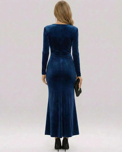 Navy Velvet Gown V-Neck Long Sleeve Maxi Dress | Formal Occasions, Party Nights & Wedding Season, back view | Ramblion | SKU: MMD-284759631-navy-L-1174,MMD-284759631-navy-M-4955,MMD-284759631-navy-S-1641,MMD-284759631-navy-XL-8184,MMD-284759631-navy-XS-2274