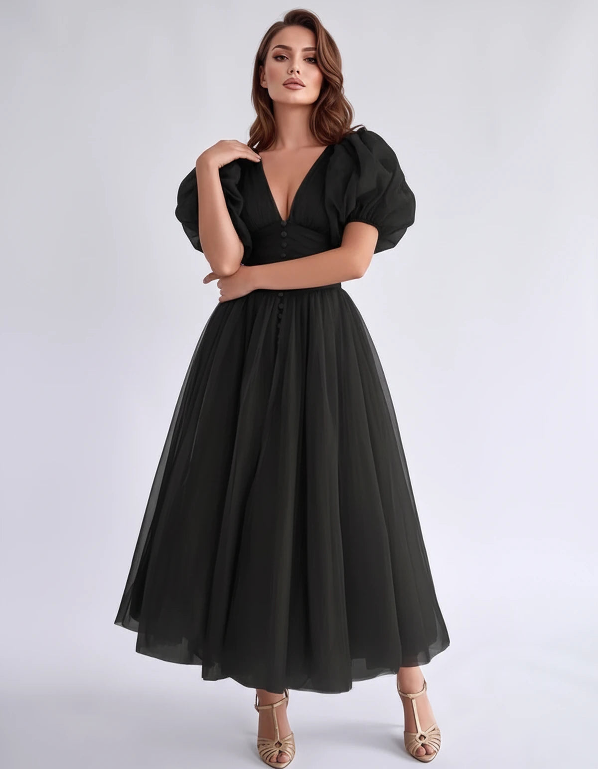Nectaria Midi Dresses — Black | SKU: RB-410678-black-2,RB-410678-black-4,RB-410678-black-6,RB-410678-black-8,RB-410678-black-10,RB-410678-black-12,RB-410678-black-14,RB-410678-black-16,RB-410678-black-16W,RB-410678-black-18W,RB-410678-black-20W,RB-410678-black-22W