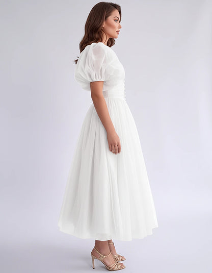Nectaria Midi Dresses — White | SKU: RB-410678-white-2,RB-410678-white-4,RB-410678-white-6,RB-410678-white-8,RB-410678-white-10,RB-410678-white-12,RB-410678-white-14,RB-410678-white-16,RB-410678-white-16W,RB-410678-white-18W,RB-410678-white-20W,RB-410678-white-22W