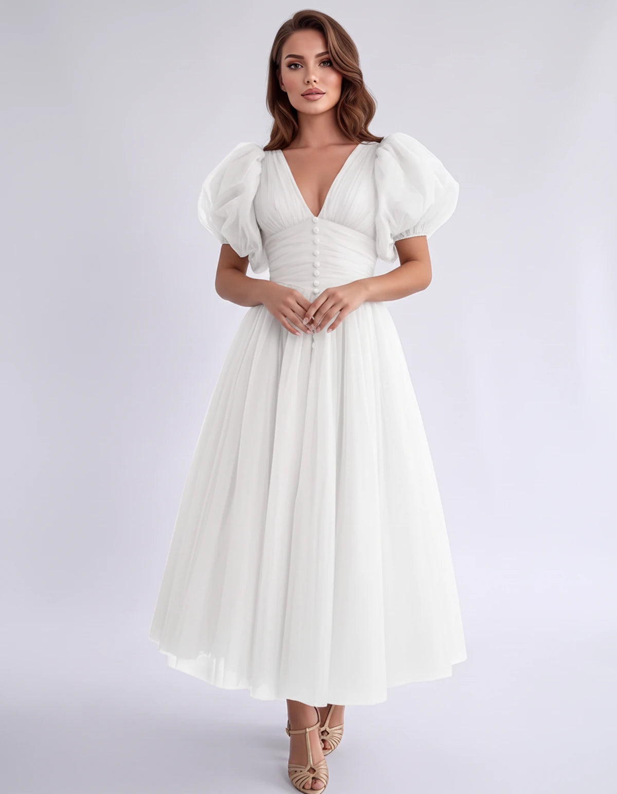 Nectaria Midi Dresses — White | SKU: RB-410678-white-2,RB-410678-white-4,RB-410678-white-6,RB-410678-white-8,RB-410678-white-10,RB-410678-white-12,RB-410678-white-14,RB-410678-white-16,RB-410678-white-16W,RB-410678-white-18W,RB-410678-white-20W,RB-410678-white-22W