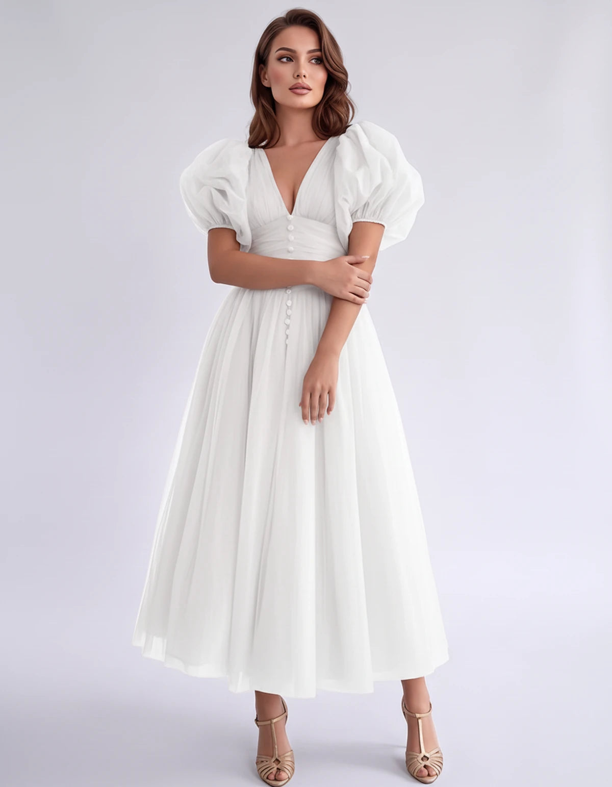Nectaria Midi Dresses — White | SKU: RB-410678-white-2,RB-410678-white-4,RB-410678-white-6,RB-410678-white-8,RB-410678-white-10,RB-410678-white-12,RB-410678-white-14,RB-410678-white-16,RB-410678-white-16W,RB-410678-white-18W,RB-410678-white-20W,RB-410678-white-22W